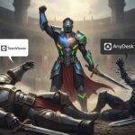 Knight Online arenasında, Google Remote Desktop'ı temsil eden zırhlı bir şampiyon, rakiplerini yendikten sonra zafer pozu veriyor.