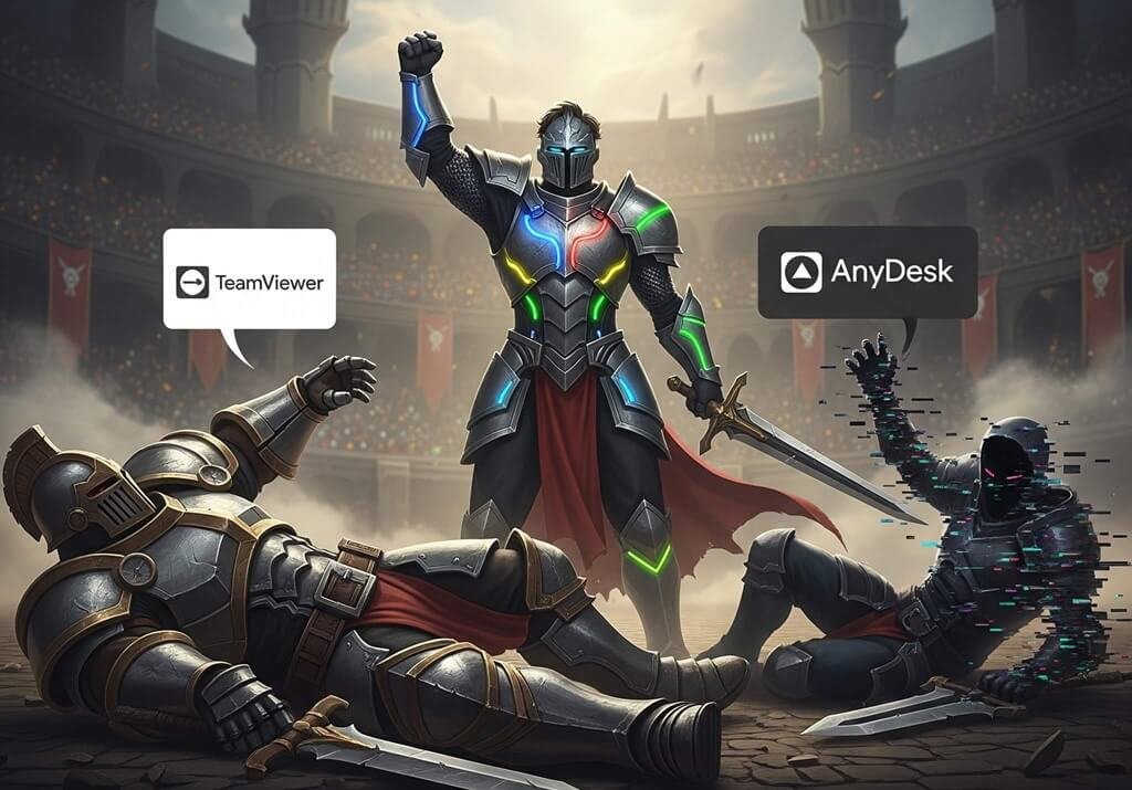 Knight Online arenasında, Google Remote Desktop'ı temsil eden zırhlı bir şampiyon, rakiplerini yendikten sonra zafer pozu veriyor.